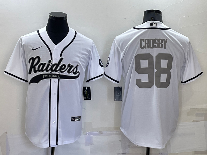 Men's Las Vegas Raiders #98 Maxx Crosby White Grey Cool Base Stitched Baseball Jersey Men's Las Vegas Raiders #98 Maxx Crosby White Grey Cool Base Stitched Baseball Jersey
